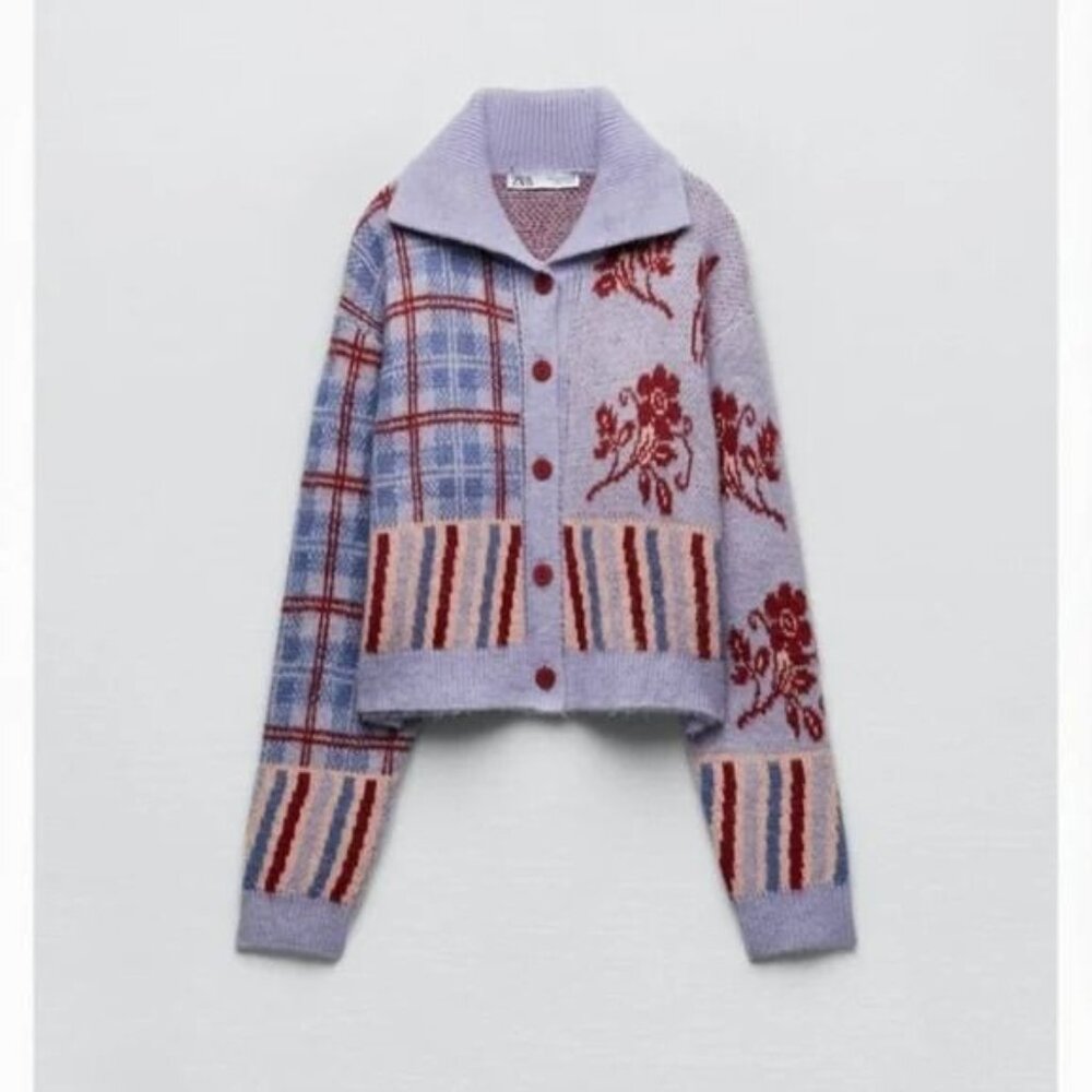 Zara Lavender and Burgundy Patterned Knit Cardigan